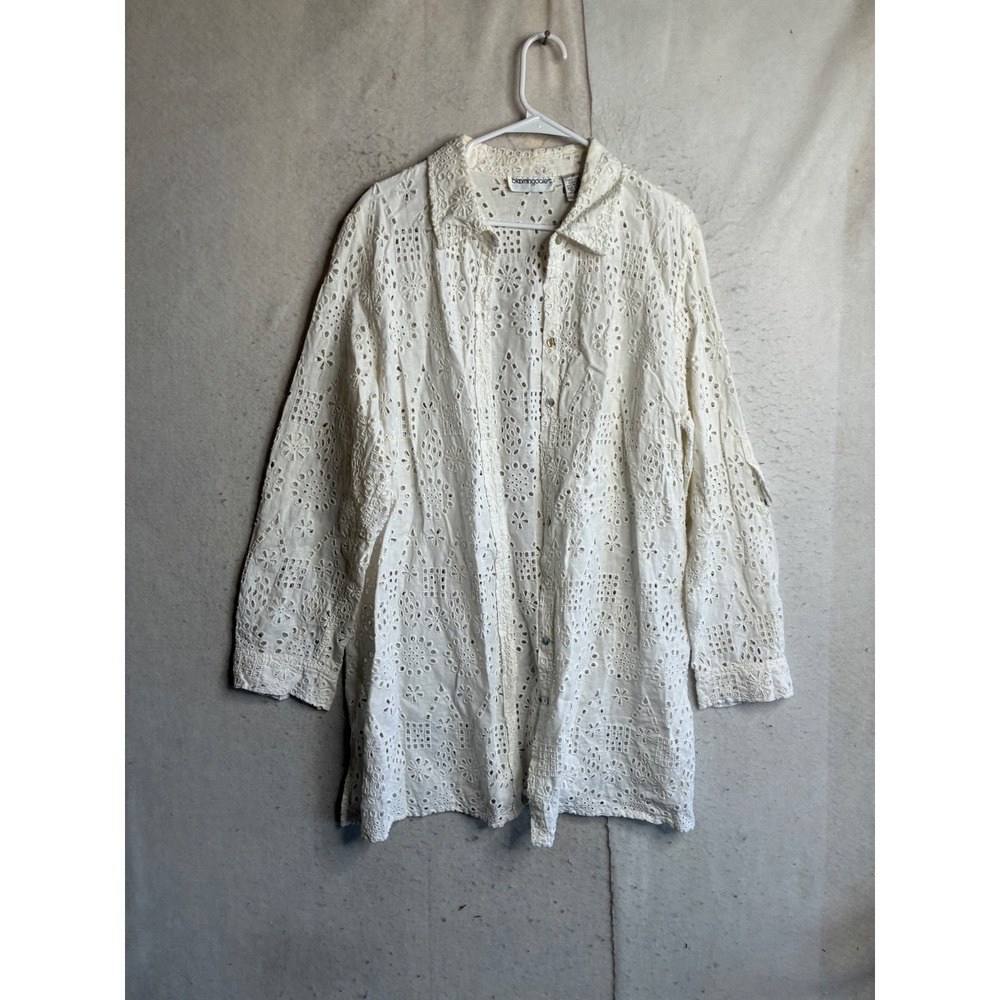 Bloomingdale's White Eyelet 100% Linen Button Down Shirt Long Sleeve 2X Plus